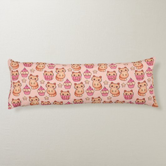 Kawaii Cute Cats and Cupcakes Pink Pattern Lichaamskussen (Achterkant)