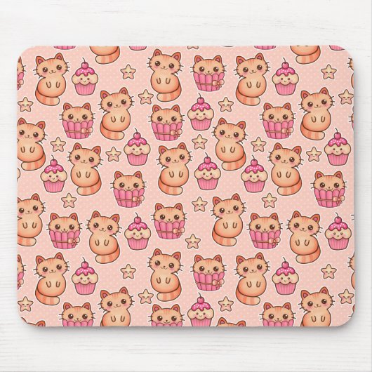 Kawaii Cute Cats and Cupcakes Pink Pattern Muismat (Voorkant)