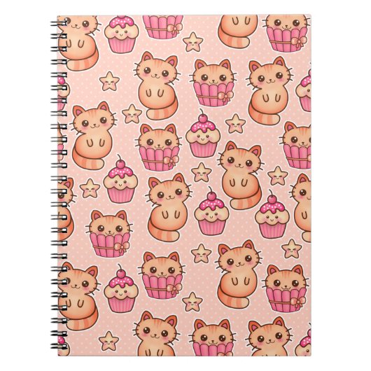 Kawaii Cute Cats and Cupcakes Pink Pattern Notitieboek (Voorkant)