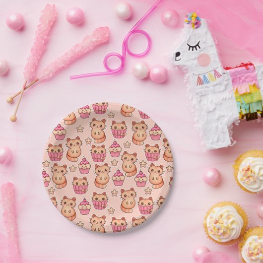 Kawaii Cute Cats and Cupcakes Pink Pattern Papieren Bordje (Feest)
