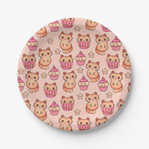 Kawaii Cute Cats and Cupcakes Pink Pattern Papieren Bordje