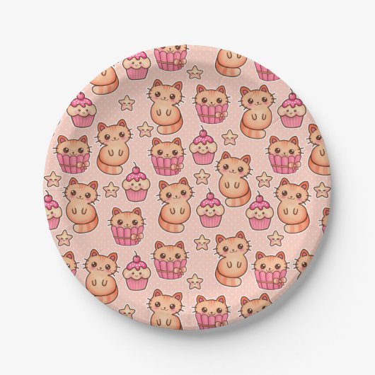 Kawaii Cute Cats and Cupcakes Pink Pattern Papieren Bordje (Voorkant)