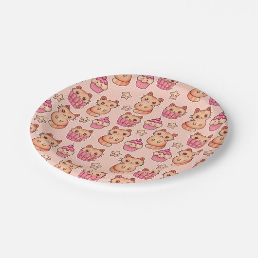 Kawaii Cute Cats and Cupcakes Pink Pattern Papieren Bordje (Gekanteld)