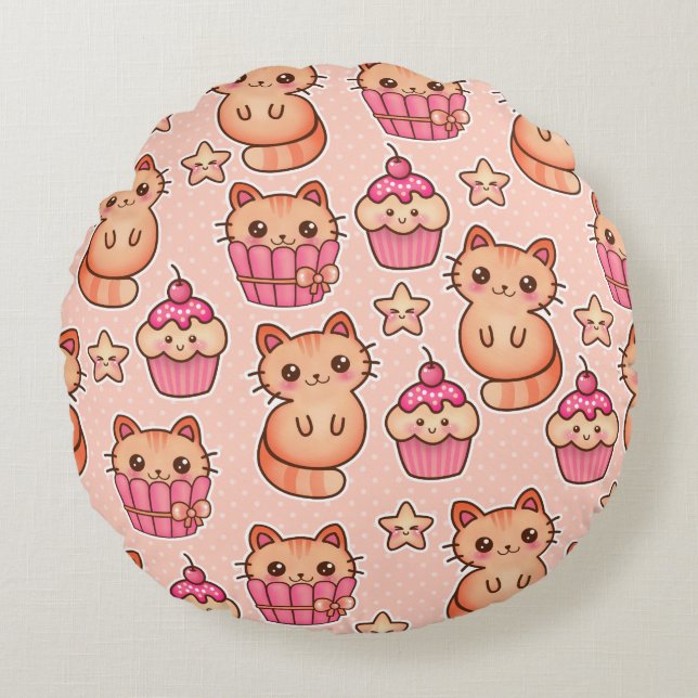 Kawaii Cute Cats and Cupcakes Pink Pattern Rond Kussen (Voorkant)