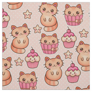 Kawaii Cute Cats and Cupcakes Pink Pattern Stof