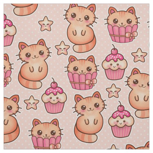 Kawaii Cute Cats and Cupcakes Pink Pattern Stof (Swatch)