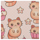 Kawaii Cute Cats and Cupcakes Pink Pattern Stof (Close Up)
