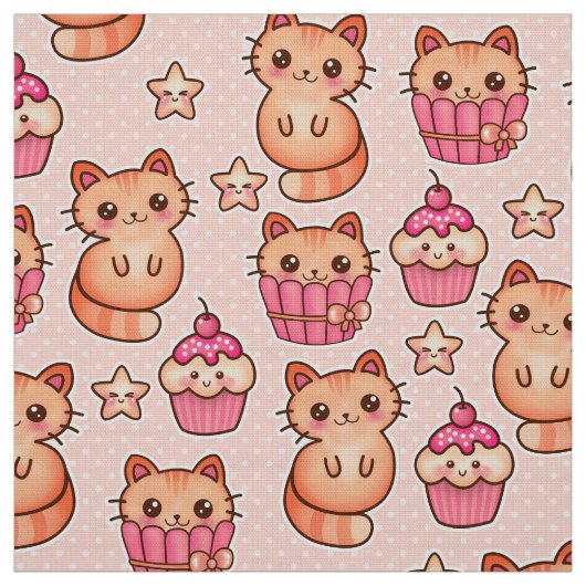 Kawaii Cute Cats and Cupcakes Pink Pattern Stof (Swatch)