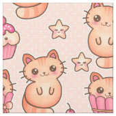 Kawaii Cute Cats and Cupcakes Pink Pattern Stof (Close Up)