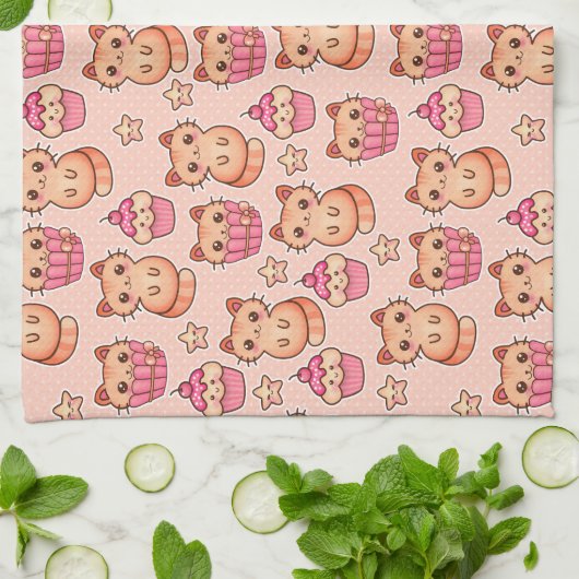 Kawaii Cute Cats and Cupcakes Pink Pattern Theedoek (Gevouwen)