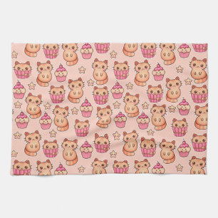 Kawaii Cute Cats and Cupcakes Pink Pattern Theedoek