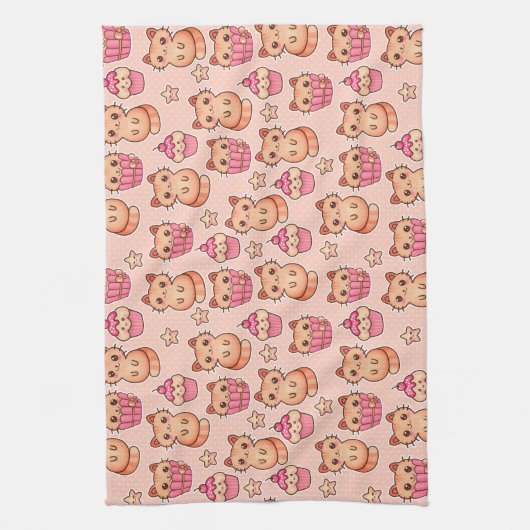 Kawaii Cute Cats and Cupcakes Pink Pattern Theedoek (Verticaal)