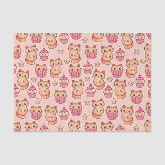 Kawaii Cute Cats and Cupcakes Pink Pattern Tissuepapier (Voorkant)