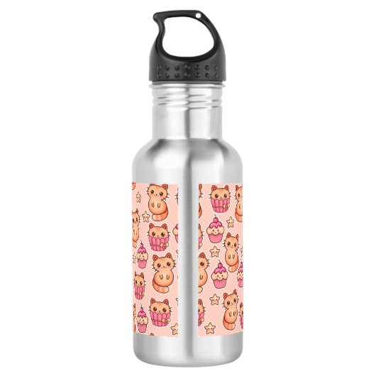 Kawaii Cute Cats and Cupcakes Pink Pattern Waterfles (Achterkant)