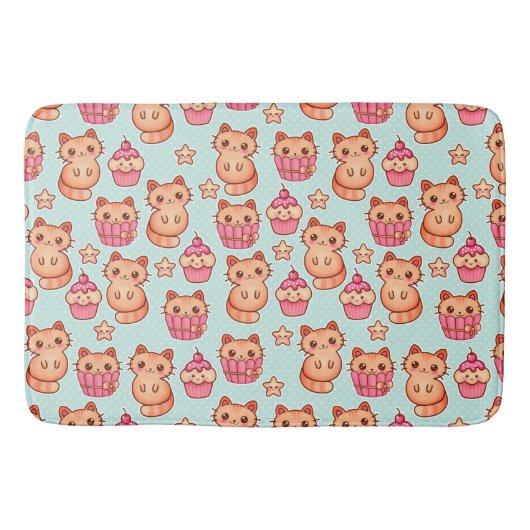 Kawaii Cute Cats Cupcakes Pink and Blue Pattern Badmat (Voorkant)