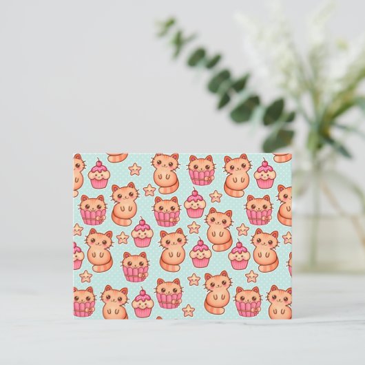 Kawaii Cute Cats Cupcakes Pink and Blue Pattern Briefkaart (Staand voorkant)