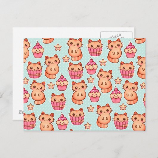 Kawaii Cute Cats Cupcakes Pink and Blue Pattern Briefkaart (Voorkant / Achterkant)