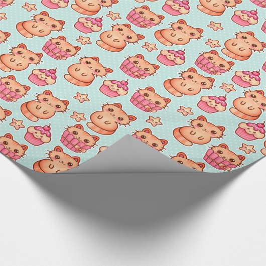 Kawaii Cute Cats Cupcakes Pink and Blue Pattern Cadeaupapier (Hoek)