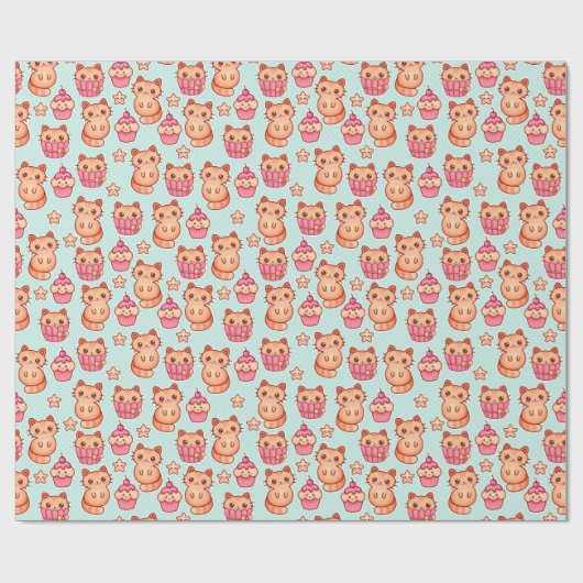 Kawaii Cute Cats Cupcakes Pink and Blue Pattern Cadeaupapier (Vlak)