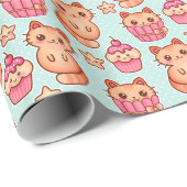 Kawaii Cute Cats Cupcakes Pink and Blue Pattern Cadeaupapier (Rol Hoek)