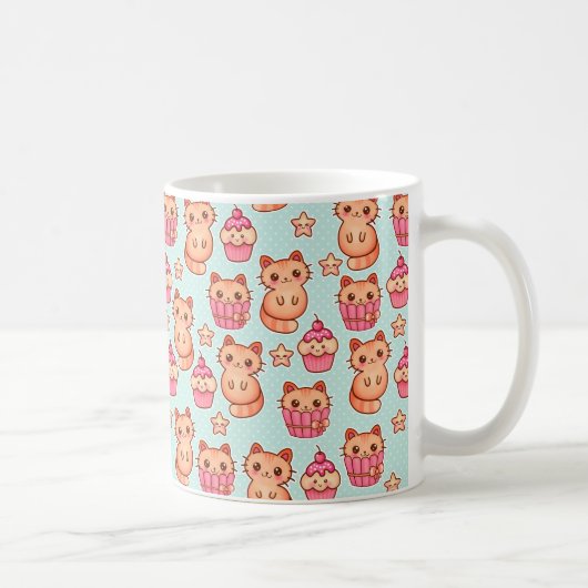 Kawaii Cute Cats Cupcakes Pink and Blue Pattern Koffiemok (Rechts)