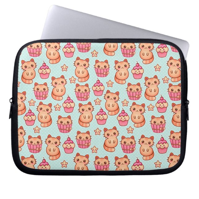 Kawaii Cute Cats Cupcakes Pink and Blue Pattern Laptop Sleeve (Voorkant)