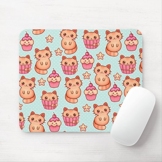 Kawaii Cute Cats Cupcakes Pink and Blue Pattern Muismat (Met muis)