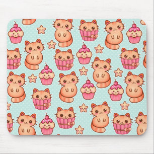 Kawaii Cute Cats Cupcakes Pink and Blue Pattern Muismat