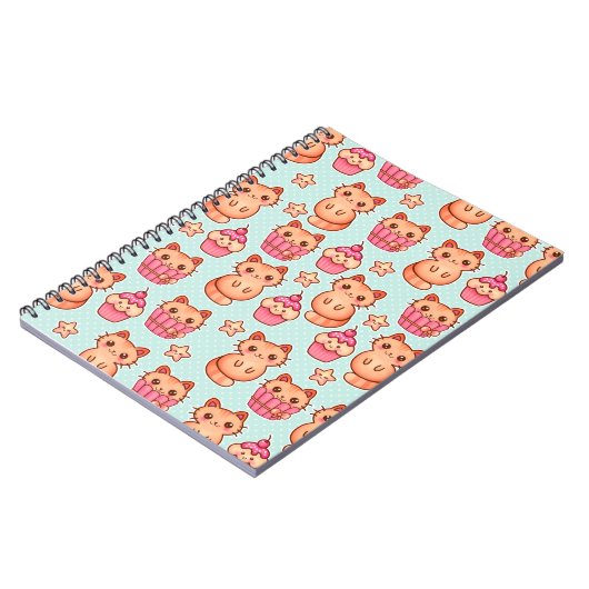 Kawaii Cute Cats Cupcakes Pink and Blue Pattern Notitieboek (Linkerzijde)