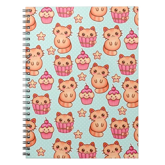 Kawaii Cute Cats Cupcakes Pink and Blue Pattern Notitieboek (Voorkant)