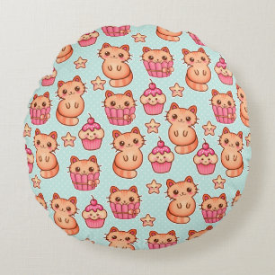 Kawaii Cute Cats Cupcakes Pink and Blue Pattern Rond Kussen