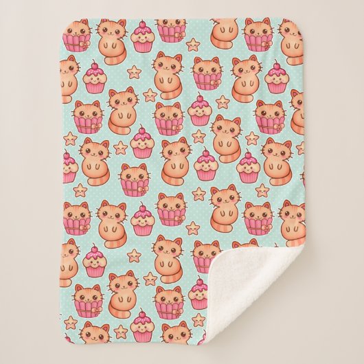 Kawaii Cute Cats Cupcakes Pink and Blue Pattern Sherpa Deken (Voorkant)