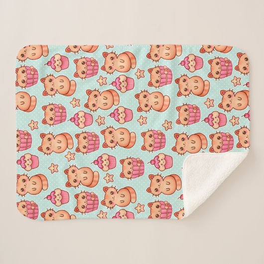 Kawaii Cute Cats Cupcakes Pink and Blue Pattern Sherpa Deken (Voorkant (horizontaal))