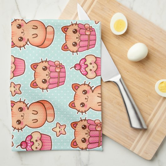 Kawaii Cute Cats Cupcakes Pink and Blue Pattern Theedoek (Quarter Fold)