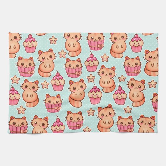 Kawaii Cute Cats Cupcakes Pink and Blue Pattern Theedoek (Horizontaal)