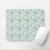 Kawaii Cute Cats & Flower Pattern Green Background Muismat (Met muis)