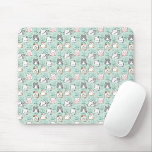 Kawaii Cute Cats & Flower Pattern Green Background Muismat