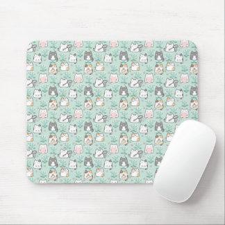 Kawaii Cute Cats & Flower Pattern Green Background Muismat
