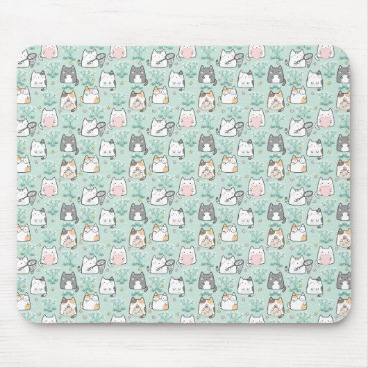 Kawaii Cute Cats & Flower Pattern Green Background Muismat (Voorkant)