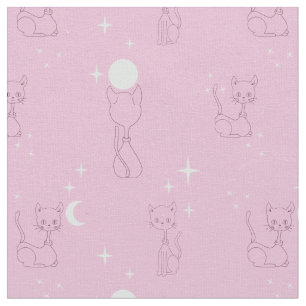 Kawaii Cute Cats Moon Stars Pink Pattern Fabric Stof