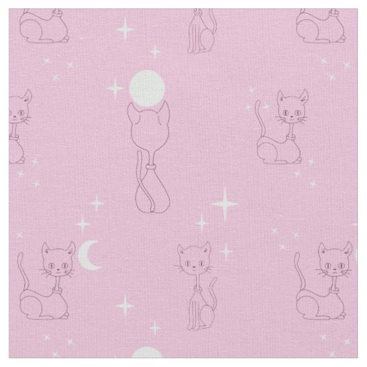 Kawaii Cute Cats Moon Stars Pink Pattern Fabric Stof (Close Up)