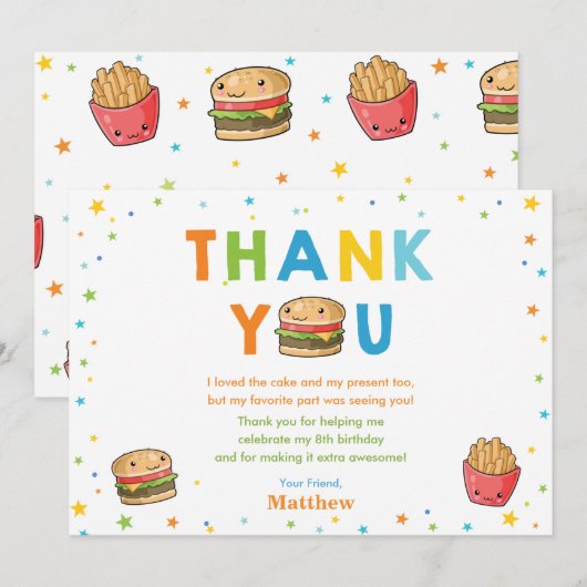 Kawaii Cute Fast Food Burger Party Boy Birthday Bedankkaart (Voorkant / Achterkant)