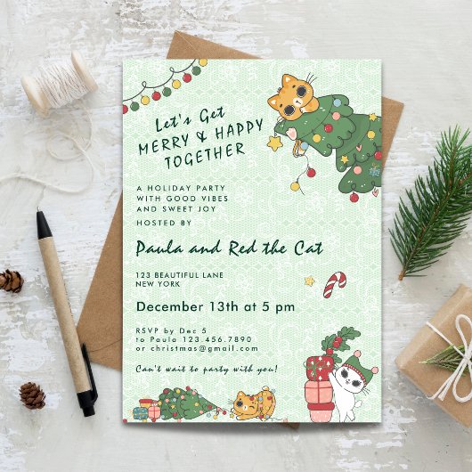 Kawaii Cute Kat & Kerstboom Uitnodiging