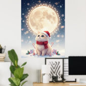 Kawaii Cute Kat Kerstmis Met Maan Poster (Thuiskantoor)