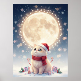 Kawaii Cute Kat Kerstmis Met Maan Poster
