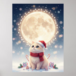 Kawaii Cute Kat Kerstmis Met Maan Poster