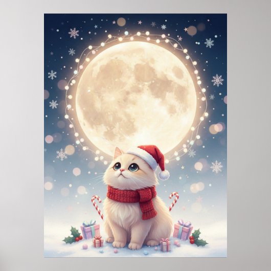 Kawaii Cute Kat Kerstmis Met Maan Poster (Voorkant)