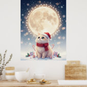 Kawaii Cute Kat Kerstmis Met Maan Poster (Keuken)