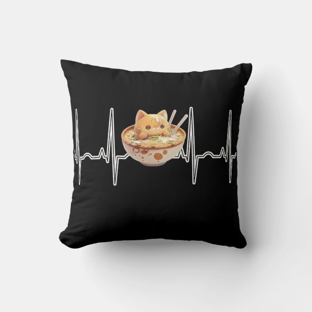 Kawaii Cute Kitten Ramen EKG Heartbeat Otaku Anime Kussen (Voorkant)
