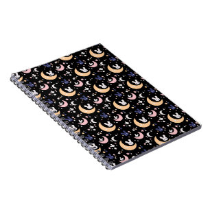 Kawaii Cute Rabbit, Moon and Stars Pattern - Black Notitieboek